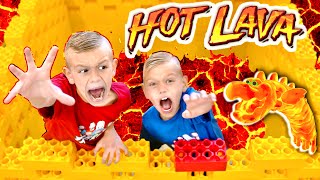 Escape Lava Floor In Giant Yellow Lego Fort With Voice Buttons!