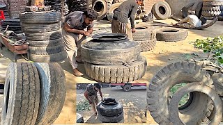 Process Of Old Scrap Tyre Cutting With Manual Tools | Tyre Recycling Ideas | Hard Skills