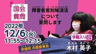 【字幕入り】木村英子の国会質問！「障害者差別解消法について質問します」参議院・内閣委員会 （2022年12月6日）