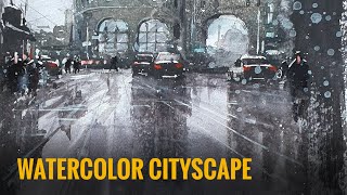 Watercolor Painting Simple ~ Rainy Cityscape