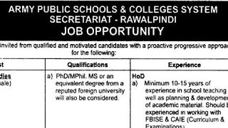 Army Public School and Colleges System Rawalpindi Jobs |  | 18 Dec 2022