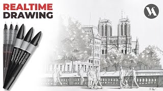 How to: Notre Dame de Paris Cathedral Realtime Freehand Architecture Drawing Video ★ 4K ★