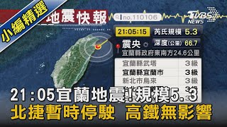 21:05宜蘭地震!規模5.3 北捷暫時停駛 高鐵無影響｜TVBS新聞