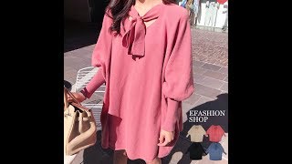 領綁帶燈籠袖針織上衣-eFashion 預【J15799220】