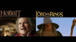 The Hobbit & Lord of The Rings Old Bilbo meeting Gandalf scenes side by side.