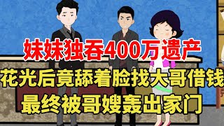 妹妹独吞400万遗产，花光后竟舔着脸找大哥借钱！最终被哥嫂轰出家门！【旺仔情感动画】