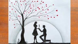Valentine's Day Special || How to Draw Romantic Couple Propose  Scenery step by step - Pencil Sketch