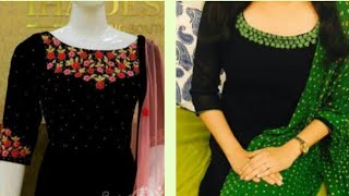 Beautiful Embroidary and Simple Neck Designs in Black Dress / Churidar...