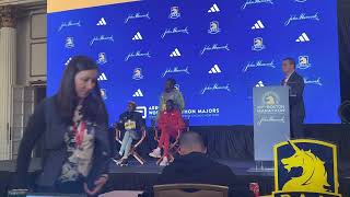 Hellen Obiri, Amane Beriso and Lonah Salpeter talk after 2023 Boston Marathon