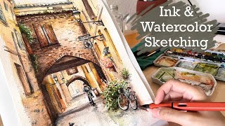 Sketching a street scene in Italy | Ink & Watercolor Tutorial | Adding depth to drawings