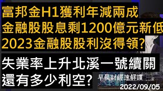 【早晨財經速解讀】富邦金H1獲利年減兩成 金融股股息剩1200億元新低 2023金融股股利沒得領?失業率上升 北溪一號續關 還有多少利空?  2022/9/5(一)