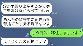 義妹が里帰り出産するため、姑が嫁の留守中に荷物を全部捨てて追い出した。「娘にバイ菌が移りそうだから、寄生虫の嫁は出て行け」と言って、勝ち誇った姑。しかし、嫁の現状を知らされて姑は真っ青になった。