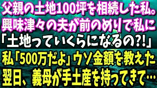 【スカッと】父親の土地100坪を相続した私。興味津々の夫「土地代っていくらになるの？」私「500万円だよ」嫌な予感がして、少なめの金額を教えた翌日、義母が手土産を持ってきて…