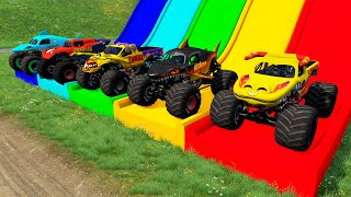 Double Flatbed Trailer Monster Trucks Transport with Slide Color - Cars vs Speed bump - BeamNG #01