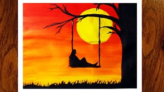 Girl on Swing Scenery Drawing/Acrylic Painting/How to draw easy scenery