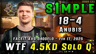 WTF 4.5KD By s1mple (18-4) Solo Q on Anubis - FACEIT AVG 3400ELO - Feb 17, 2025