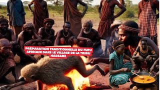 Préparation traditionnelle du Fufu africain dans le village de la tribu Hadzabe