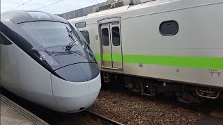 207次壽豐發車開往樹林的EMU3000型十二輛編組EMU3019皮蛋豆腐騰雲號綠色帶新城際自強號列車，4131次瑞芳發車經由宜蘭線開往樹林的銀綠色微笑號EMU900型十輛一編組EMU949區間車