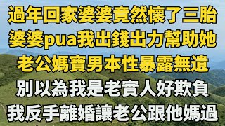 過年回家發現婆婆竟然懷了三胎。被我發現之後，婆婆各種pua我出錢出力幫助她。我可去他們的，別以爲我是老實人好欺負。我反手離婚後讓我老公和他自己妻離子散，跟他媽過壹輩子......【夜半心語】#故事#情