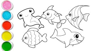 Different Types Of Fishes Drawing Painting Colouring For Kids | How To Draw Fish For Beginners