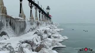 Relaxing Flight Around The Stunning Ice Building Up Around Michigan City 4K Drone Footage