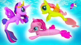 My Little Pony Mermaids Swim In Water With Barbie - MLP Seapony Movie Toys