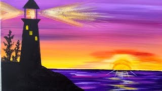 Sunrise Lighthouse Step by Step Acrylic Painting on Canvas for Beginners | TheArtSherpa