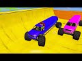 colored spiderman u0026 super heroes driving super cars u0026 big trucks in long race track