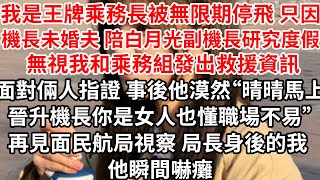 我是王牌乘務長被無限期停飛，只因機長未婚夫陪白月光副機長研究度假 無視我和乘務組發出救援資訊，面對倆人指證 事後他漠然“晴晴馬上晉升機長你是女人也懂職場不易”再見面民航局視察 局長身後的我 他瞬間嚇癱