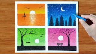 Beautiful 4 Different Scenery Drawing / Easy Oil Pastel Drawing - Step by step