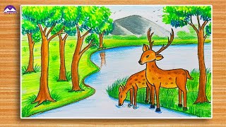 How to draw a deer  scenery of forest | How to draw deer with beautiful scenery