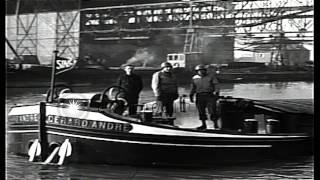 United States barge passes Albert canal and welcomed by band and color guard on b...HD Stock Footage