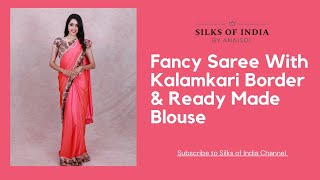 Pink Colour Fancy Saree with Kalamkari Style Border and Ready Made Blouse | Silks of India