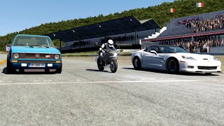 Drag Factory VW Golf MK1 vs Kawasaki Ninja H2 vs Drag Factory Chevrolet Corvette ZR1