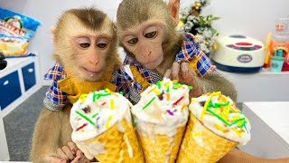 Bim Bim helps dad to make Ice cream for baby monkey Obi