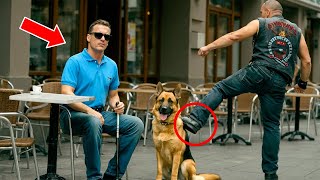 Biker kicks blind man's German shepherd as a joke, not knowing the dog is a K9 dog