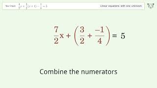 Linear equation with one unknown: Solve 4/2x+3/2(x+1)-1/4=5 step-by-step solution