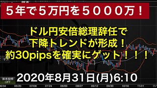 ドル円安倍総理辞任で下降トレンド発生!30pips程度をしっかりと狙うて!!2020年8月31日(月)6:10FXライブ,ユーロドル、ドル円今日の戦略と狙い方！