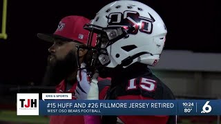 West Oso football retires No. 15 Huff and No. 26 Fillmore jersey