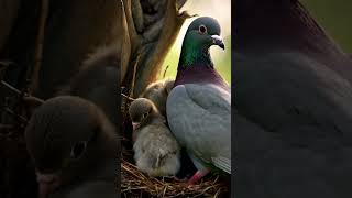 Mother Pigeon Sheltering Her Chicks from the Rain #mother #birds #pigeon #nature