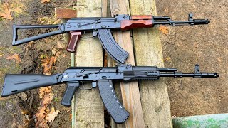 Two Kalashnikov assault rifles. With a rifled barrel and a smooth bore. Shooting at 100 meters