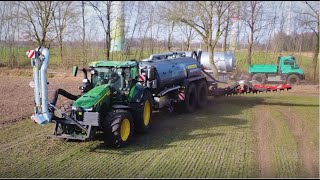 Gülle 2022 mit JohnDeere 8R und Unimog des Lohnunternehmens Peterberns im südlichen Emsland