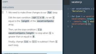 Learn Javascript 2017, Loops, for loop backwards, Codecademy