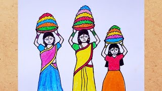 How to draw women bringing batukamma for batukamma festival easy||