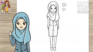 How to Draw a Cute Girl with Hijab | Girl wearing Hijab, Cute Easy Drawings