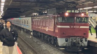 【E231系K2編成  AT出場配給（機器更新）】国鉄EF81形134号機＋E231系800番台ﾐﾂK2編成が松戸駅3番線を通過するシーン（配9732レ）2024.11.18〜ジョイント音最高！〜