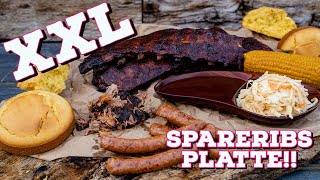 XXL BBQ Spareribs Platte mit Beilagen - 3 2 1 Ribs mit Beilage aus dem Smoker