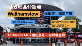 Walthamstow，倫敦東北面第三區，有歐洲最長的market，有歐洲最大的城市濕地自然保護區之一，交通方便，校網好，治安中等。Blackhorse Mills 租住屋苑， 可以養寵物。