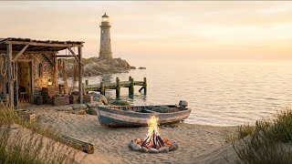 Coastal Campfire Ambience at Sunset | Fisherman’s Shelter, Sea, Lighthouse & Calm Nature Sounds