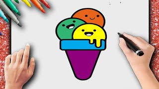 HOW TO DRAW AN ICE CREAM CONE WITH 3 COLORFUL BALLS? EASY DRAW AND PAINT – STEP BY STEP – FOR KIDS
